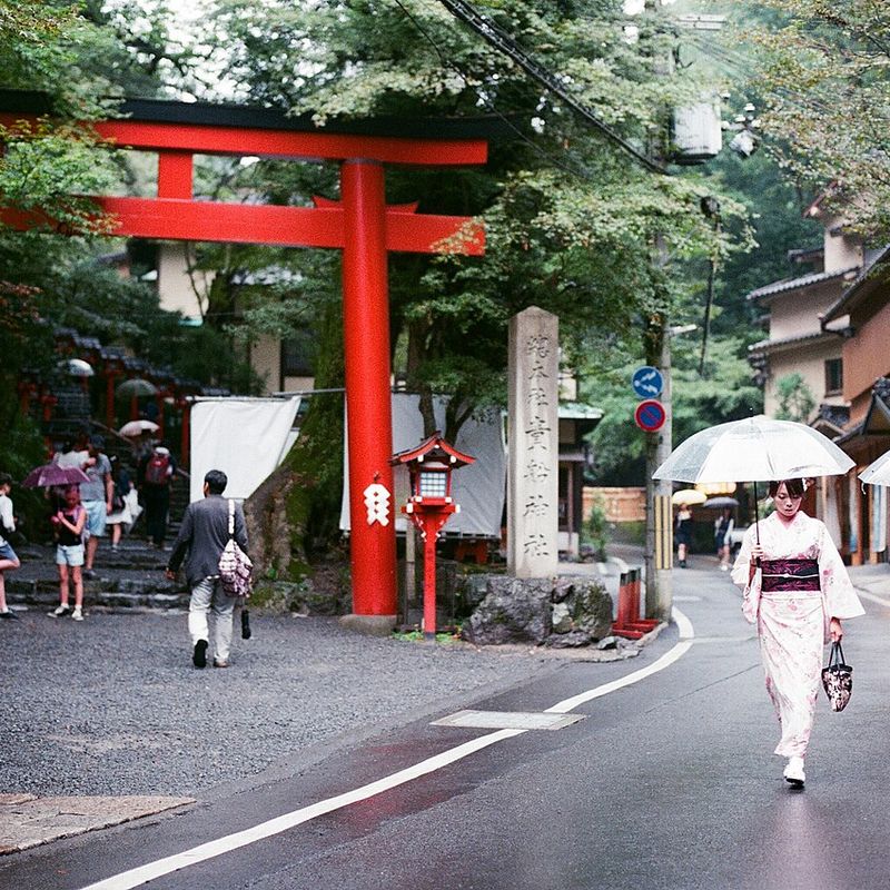 Torii gate and umbrellas on a rainy Kyoto street