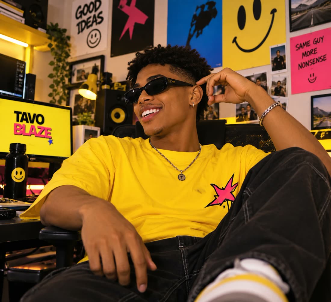 Tavo Blaze, a smiling man in a yellow t-shirt and sunglasses, leaning back in his chair in a yellow and pink studio room