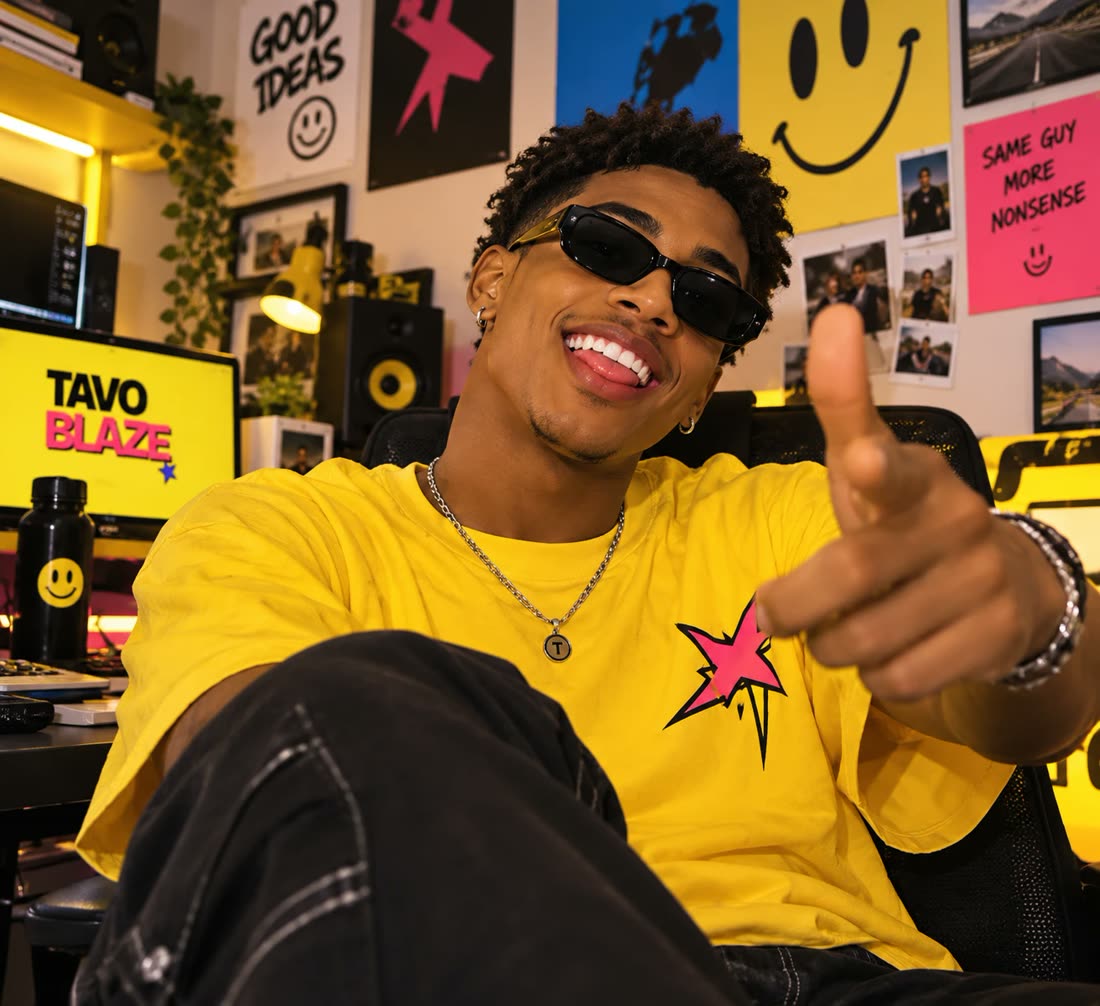 Tavo pointing at the camera with a big grin, sunglasses on