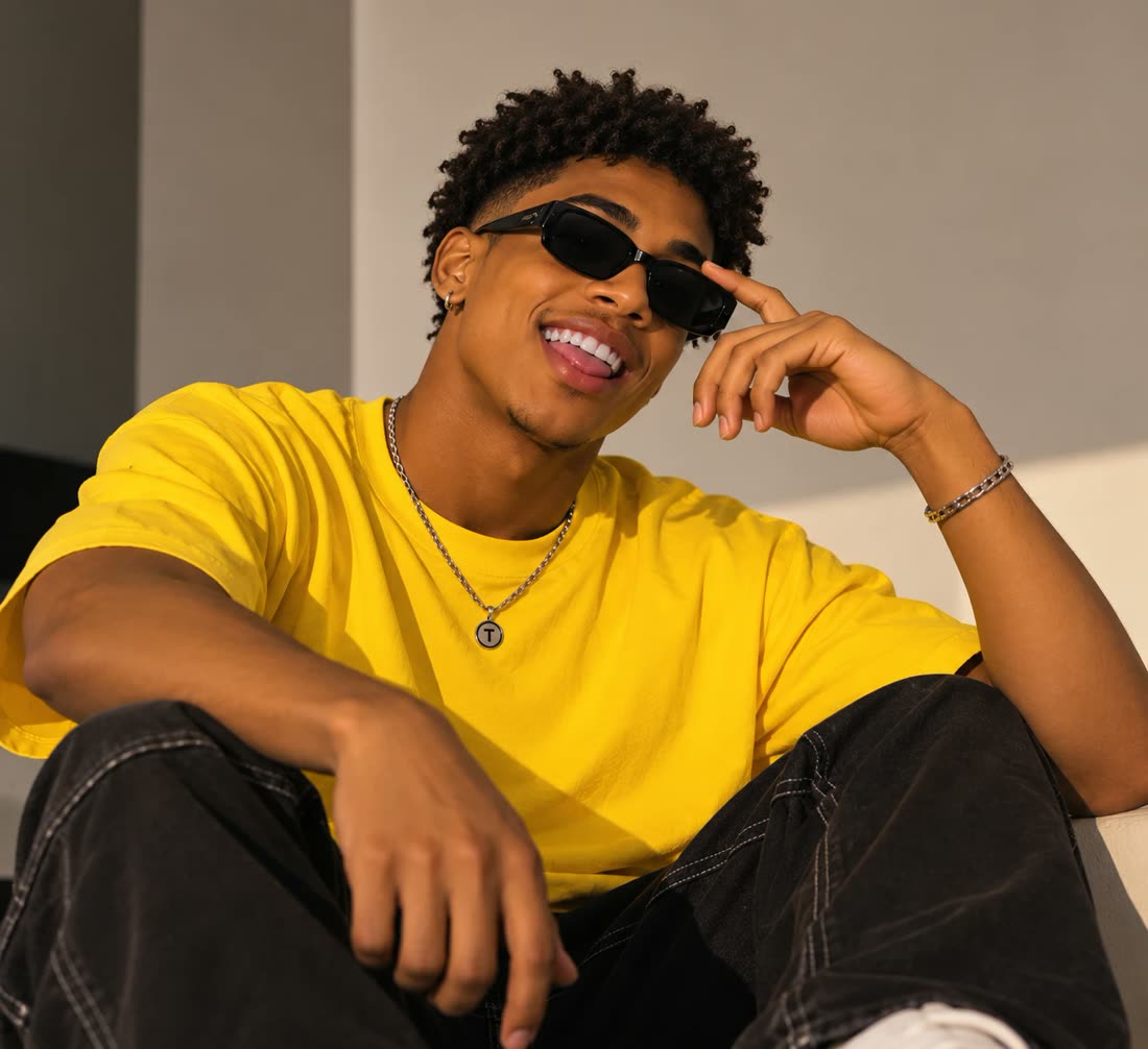 Tavo in a yellow t-shirt and sunglasses, tilting his head and sticking his tongue out
